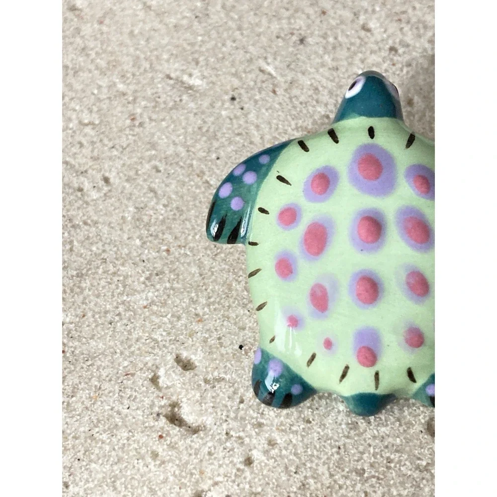 Hand Painted Sea Turtle Brooch Ceramic Green‎ Pink Purple Animal Beachy Coastal